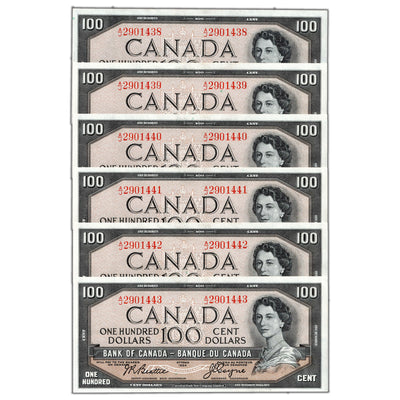 SOLD $100 1954 Bank of Canada Notes Beattie-Coyne BC-43a - 6 Consecutive AU/UNC