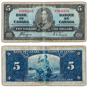 SOLD $5 1937 Bank of Canada Note Coyne-Towers A/S Prefix BC-23c - Circulated