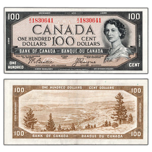 SOLD $100 1954 Bank of Canada Note Devil Face A/J Prefix BC-35b - EF/AU