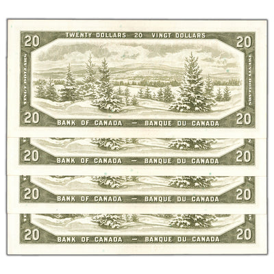 $20 1954 Bank of Canada Notes E/W Prefix BC-41b - 4 Consecutive AU-58