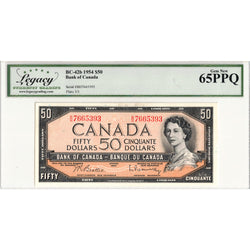 $50 1954 Bank of Canada Note Beattie-Rasminsky B/H Prefix BC-42b - Legacy Gem UNC-65 PPQ