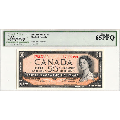 $50 1954 Bank of Canada Note Beattie-Rasminsky B/H Prefix BC-42b - Legacy Gem UNC-65 PPQ