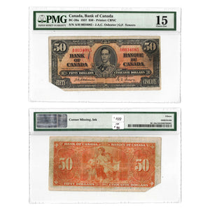 SOLD $50 1937 Bank of Canada Note Osborne Signature BC-26a - PMG F-15 (corner missing, ink)