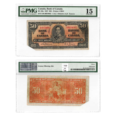 SOLD $50 1937 Bank of Canada Note Osborne Signature BC-26a - PMG F-15 (corner missing, ink)