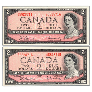 SOLD $2 1954 Bank of Canada Notes T/U Prefix BC-38b - 2 Consecutive UNC