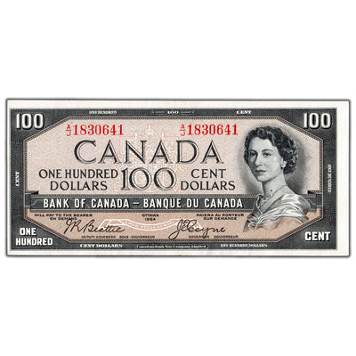 SOLD $100 1954 Bank of Canada Note Devil Face A/J Prefix BC-35b - EF/AU
