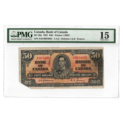 SOLD $50 1937 Bank of Canada Note Osborne Signature BC-26a - PMG F-15 (corner missing, ink)