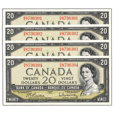 SOLD $20 1954 Bank of Canada Notes D/W Prefix BC-41b - 4 Consecutive AU-58