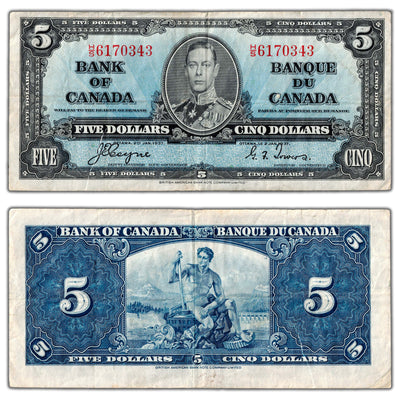 $5 1937 Bank of Canada Note Coyne-Towers H/S Prefix BC-23c - VF (large tear)