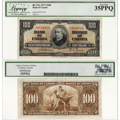 $100 1937 Bank of Canada Note Osborne Signature BC-27a - Legacy VF-35 PPQ