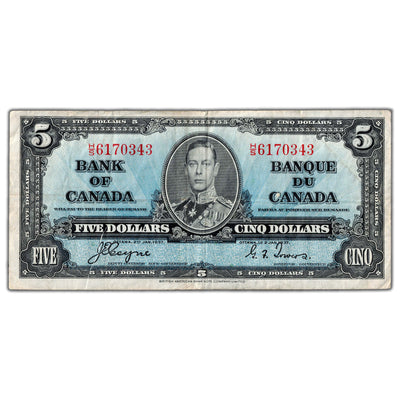 $5 1937 Bank of Canada Note Coyne-Towers H/S Prefix BC-23c - VF (large tear)