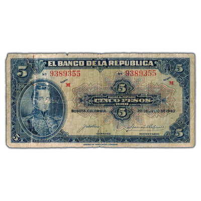Colombia 1940 5 Five Pesos Oro Note P #386a - Filler