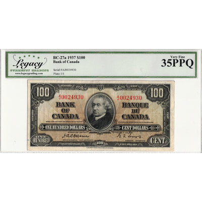 $100 1937 Bank of Canada Note Osborne Signature BC-27a - Legacy VF-35 PPQ