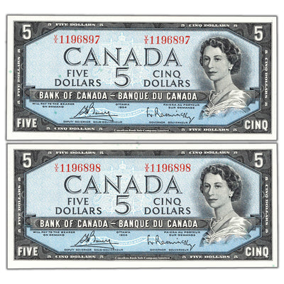 SOLD $5 1954 Bank of Canada Notes V/X Prefix BC-39c - 2 Consecutive Ch UNC