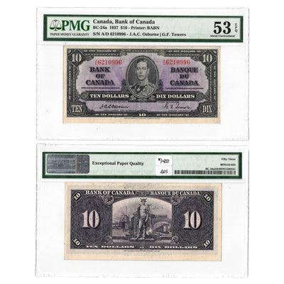$10 1937 Bank of Canada Note Osborne Signature BC-24a - PMG AU-53 EPQ
