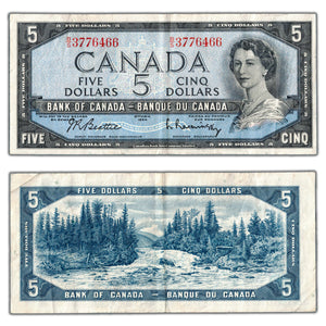 SOLD $5 1954 Bank of Canada Note Beattie-Rasminsky B/S Prefix BC-39b - VF