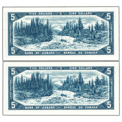 SOLD $5 1954 Bank of Canada Notes V/X Prefix BC-39c - 2 Consecutive Ch UNC