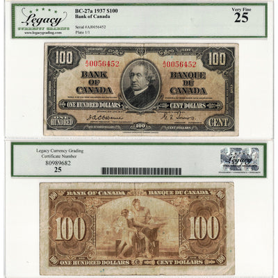 $100 1937 Bank of Canada Note Osborne Signature BC-27a - Legacy VF-25