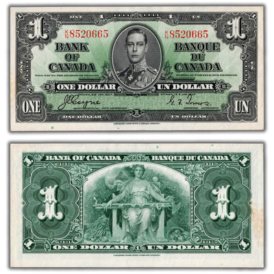 $1 1937 Bank of Canada Note Coyne-Towers K/N Prefix BC-21d - AU+ (light staining)