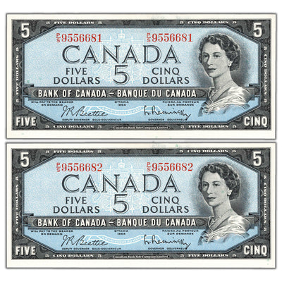 $5 1954 Bank of Canada Notes P/S Prefix BC-39b - 2 Consecutive Ch UNC