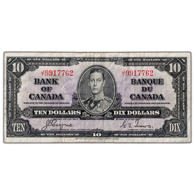$10 1937 Bank of Canada Note Coyne-Towers J/T Prefix BC-24c - VF