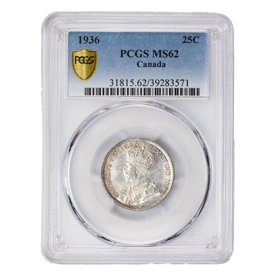 SOLD Canada 1936 25 Cents Quarter Silver Coin - PCGS MS-62