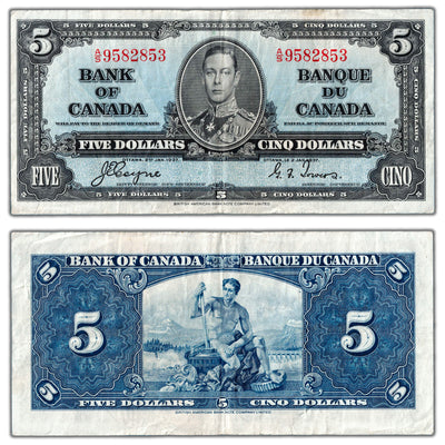 $5 1937 Bank of Canada Note Coyne-Towers A/S Prefix BC-23c - VF