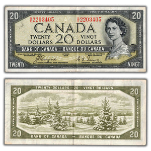 SOLD $20 1954 Bank of Canada Note Devil Face B/E Changeover BC-33a - VF (writing)