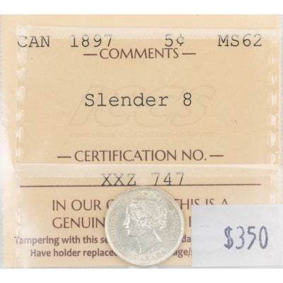 SOLD Canada 1897 Slender 8 5 Cents Silver Coin - ICCS MS-62