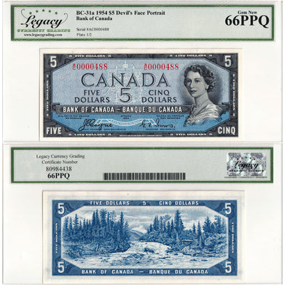 SOLD $5 1954 Bank of Canada Note Devil Face Low Serial #488 - Legacy Gem UNC-66 PPQ