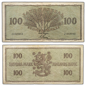 SOLD Finland 1955 100 Markkaa Note P #91 - VF