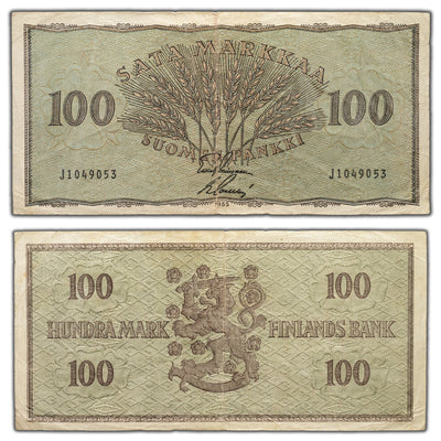 SOLD Finland 1955 100 Markkaa Note P #91 - VF