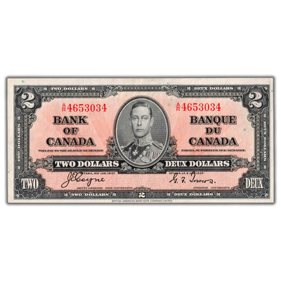SOLD $2 1937 Bank of Canada Note Coyne-Towers A/R Prefix BC-22c - EF+
