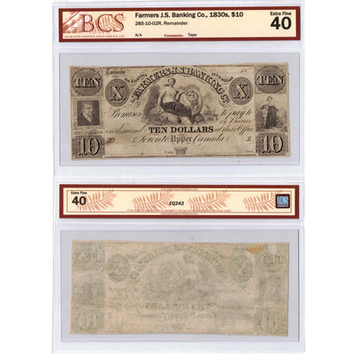 SOLD $10 1830's Farmers J.S Banking Co. Note Remainder CH-285-10-02R - BCS EF-40
