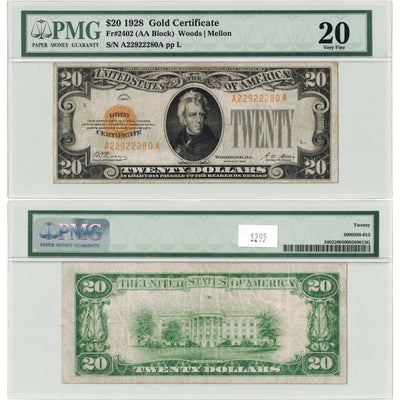 SOLD United States 1928 $20 Twenty Dollars Gold Certificate Note Fr. #2402 - PMG VF-20