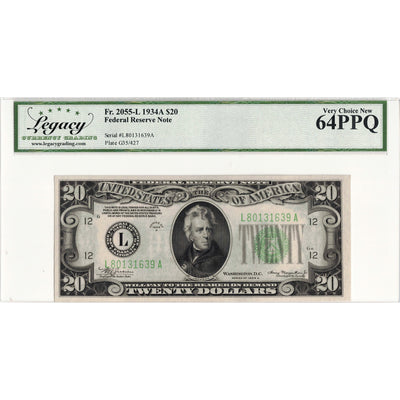 United States 1934 $20 Federal Reserve Note Fr. 2055-L - Legacy UNC-64 PPQ