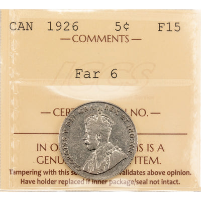 Canada 1926 Far 6 5 Cents Nickel Coin - ICCS F-15
