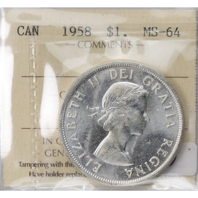 SOLD Canada 1958 $1 Silver Dollar Coin - ICCS MS-64