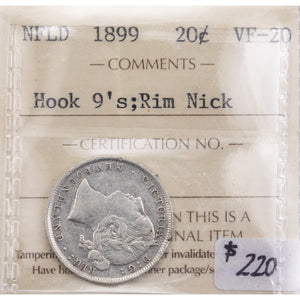 SOLD Newfoundland 1899 Hook 9's 20 Cents Silver Coin - ICCS VF-20 (rim nick)