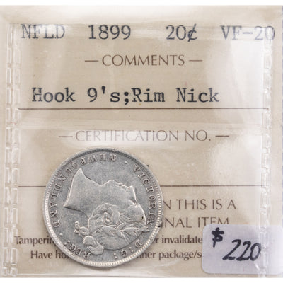 SOLD Newfoundland 1899 Hook 9's 20 Cents Silver Coin - ICCS VF-20 (rim nick)
