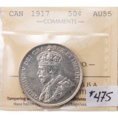 SOLD Canada 1917 50 Cents Half Dollar Silver Coin - ICCS AU-55