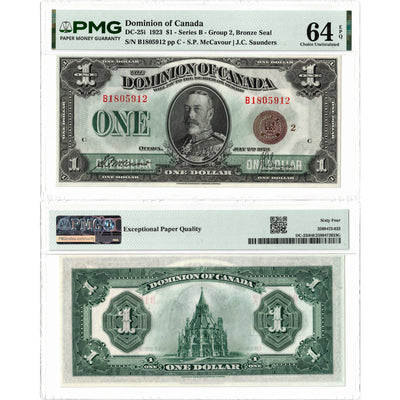$1 1923 Dominion of Canada Note Bronze Seal Series B DC-25i - PMG Ch UNC-64 EPQ