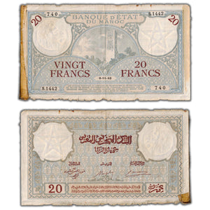 SOLD Morocco 1942 20 Francs Note P #18b - Damaged