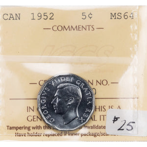 SOLD Canada 1952 5 Cents Coin - ICCS MS-64