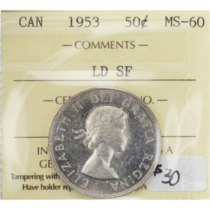 SOLD Canada 1953 LD SF 50 Cents Half Dollar Silver Coin - ICCS MS-60