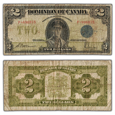 SOLD $2 1923 Dominion of Canada Note McCavour-Saunders Blue Seal Series F DC-26c