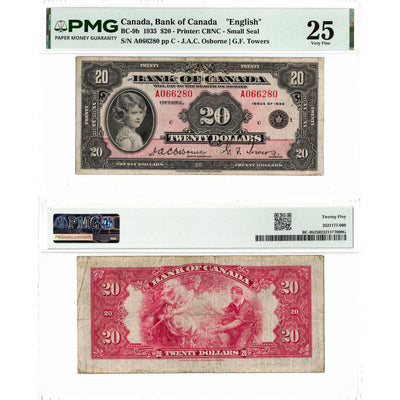 SOLD $20 1935 Bank of Canada Note English Text Small Seal BC-9b- PMG VF-25