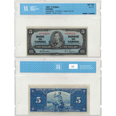 $5 1937 Bank of Canada Note Gordon-Towers J/C Prefix BC-23b - CCCS VF-30