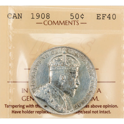 Canada 1908 50 Cents Half Dollar Silver Coin - EF-40