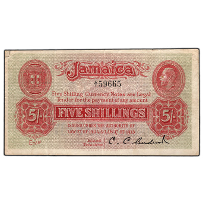 SOLD Jamaica 1918 5 Shillings Note P #28a - Repaired Top Left Corner